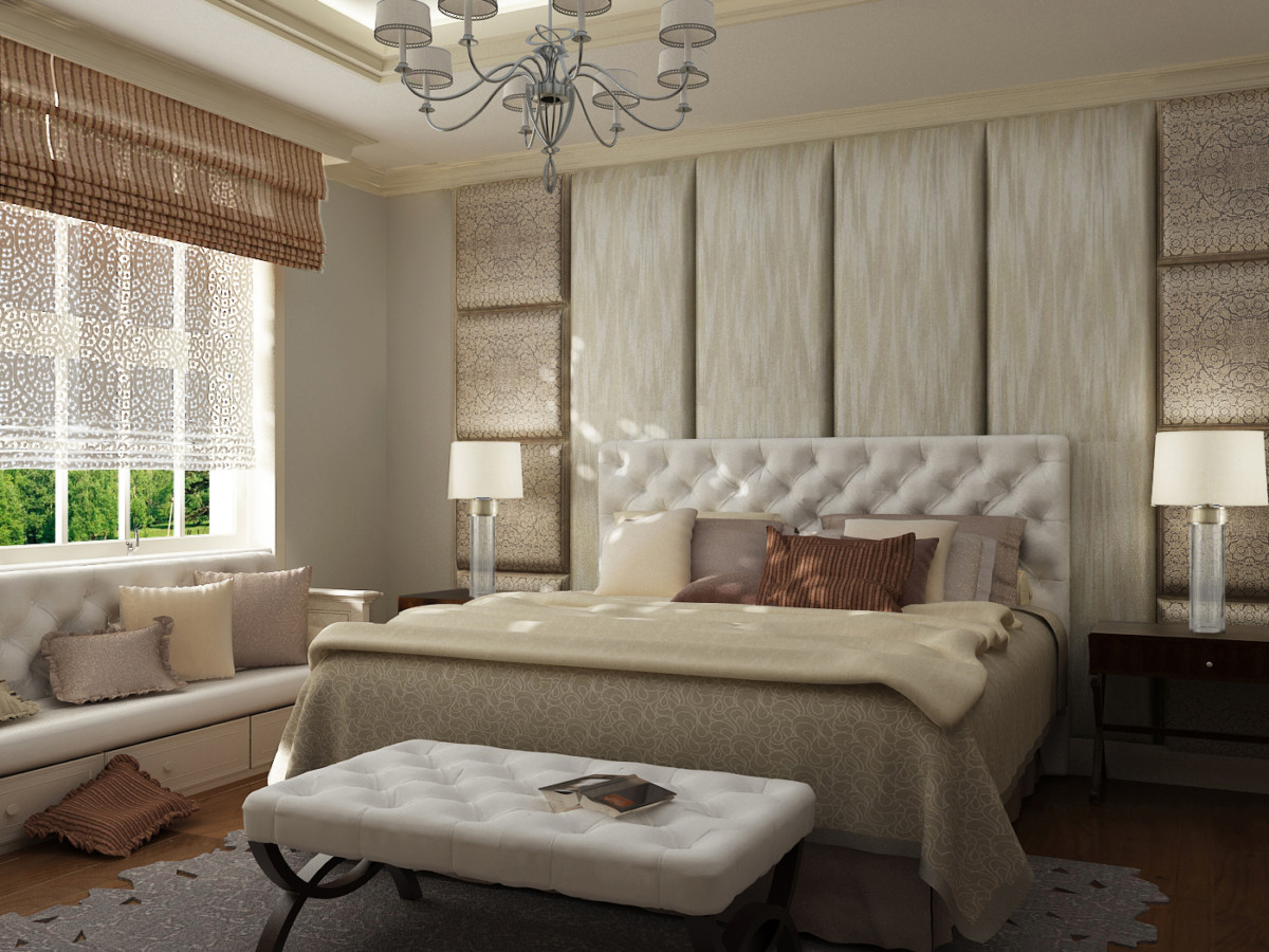 В спальне мягкие стеновые панели дополняют изголовье кровати, создавая камерную обстановку и уют.