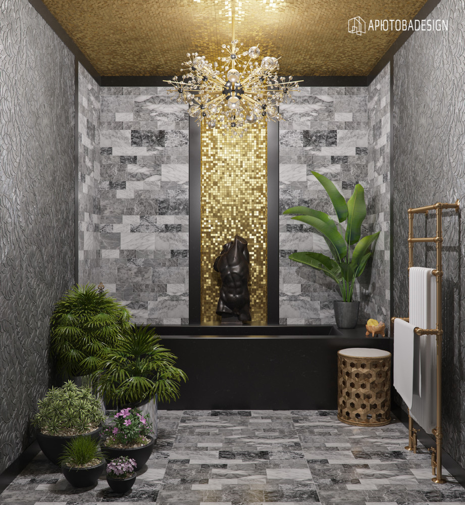 Дизайн ванной начался с задумки сочетать чёрный мрамор и золотую мозаику. Чёрно-золотая гамма всегда роскошна.