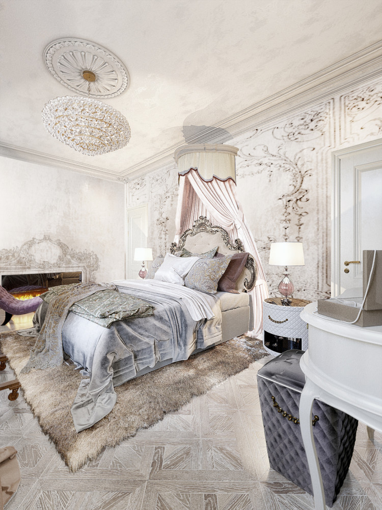 Шикарная светлая спальня с встроенным камином и кроватью, украшенной резным бронзовым изголовьем, пришлась бы по вкусу даже королеве.