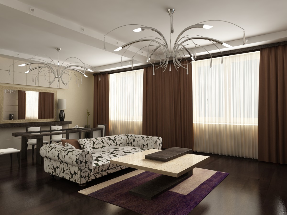 Нейтральный интерьер с крупноформатным контрастным рисунком текстиля дивана.