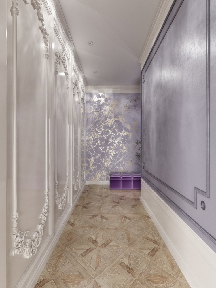 Роскошную аристократичную обстановку оттеняет изящная рельефная лепнина на глянцевых белых и матовых фиолетовых стенах.