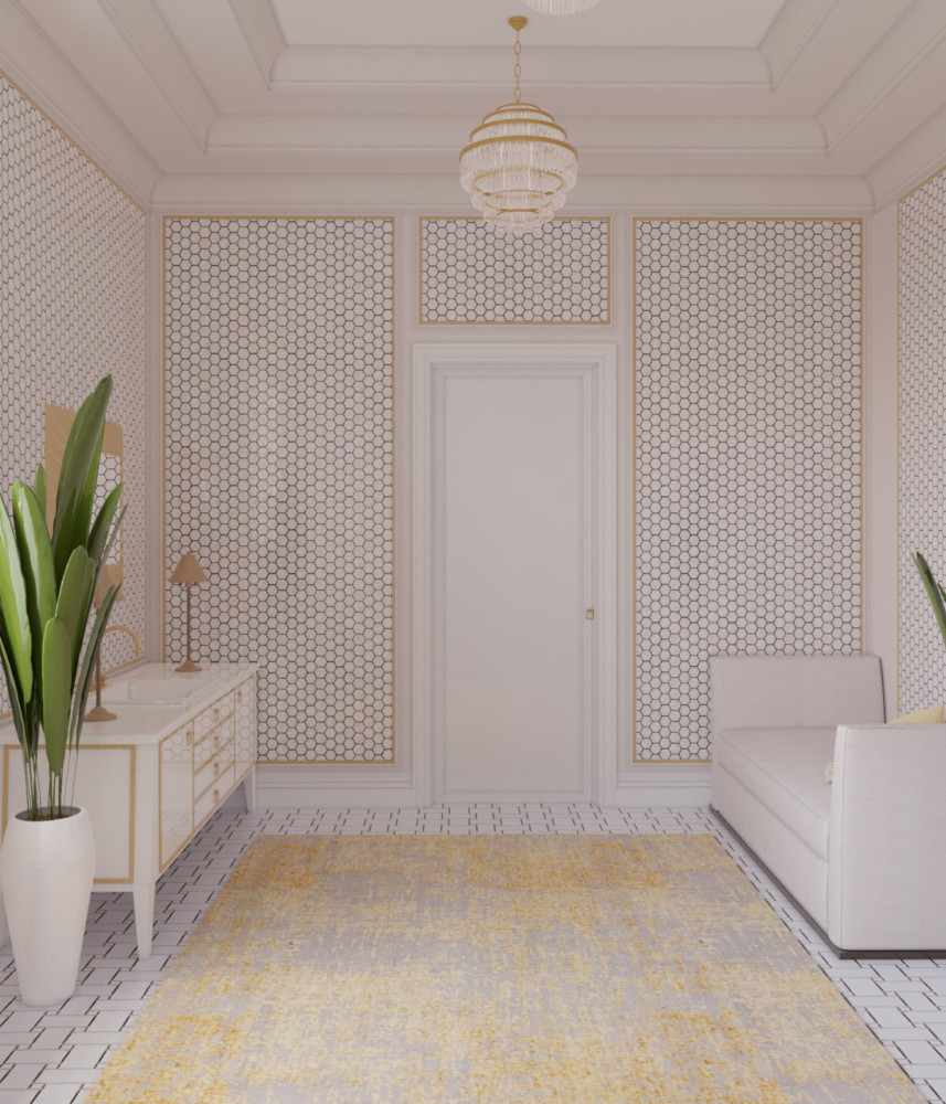 Ванная при главной спальне — стены отделаны панелями с перламутровой мозаикой.