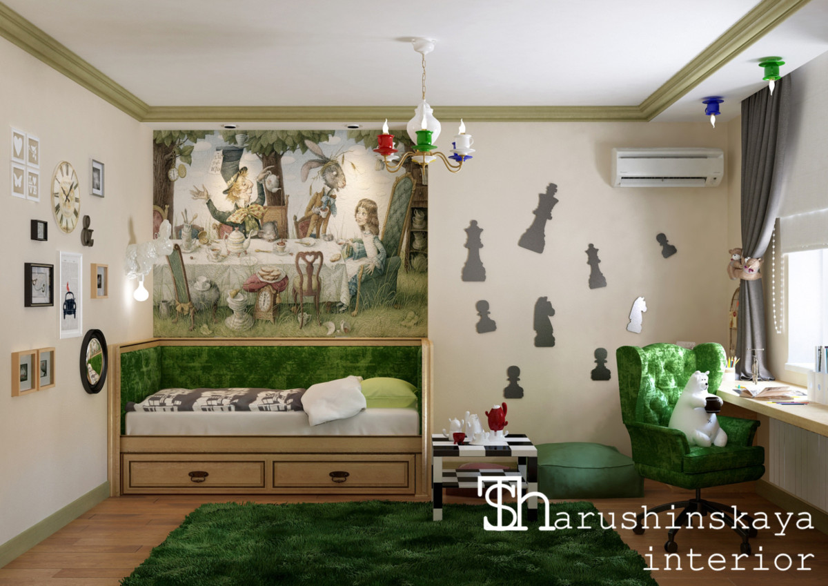 Сочный зелёный, авторский светильник (кролик с лампой), перевёрнутые кружки, шахматные фигурки, тематическая роспись на стене, забавный аксессуары и часы.