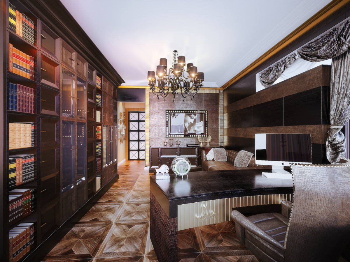 Кабинет выполнен в стиле ар-деко, великолепное решение интерьера в деревянных и кожаных панелях.