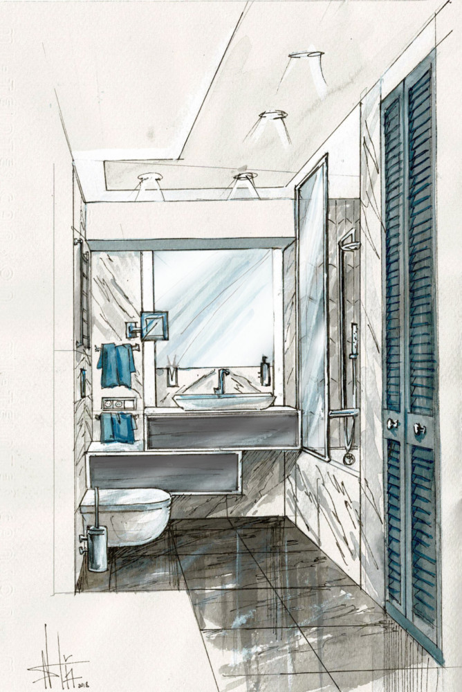 Небольшая ванная комната со встроенным шкафом, в которм прячется стиральная машина
