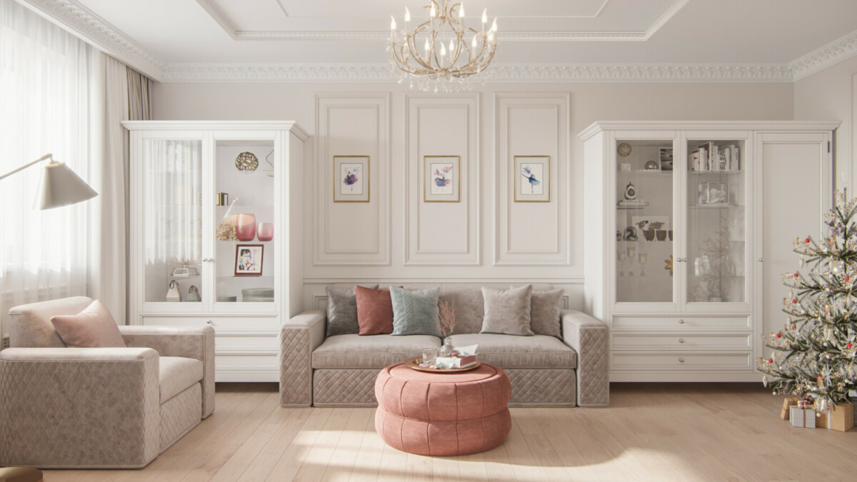 Гостиная комната выполнена в классическом стиле, соблюдена симметрия, спокойная палитра и отличительным элементом является лепной декор
